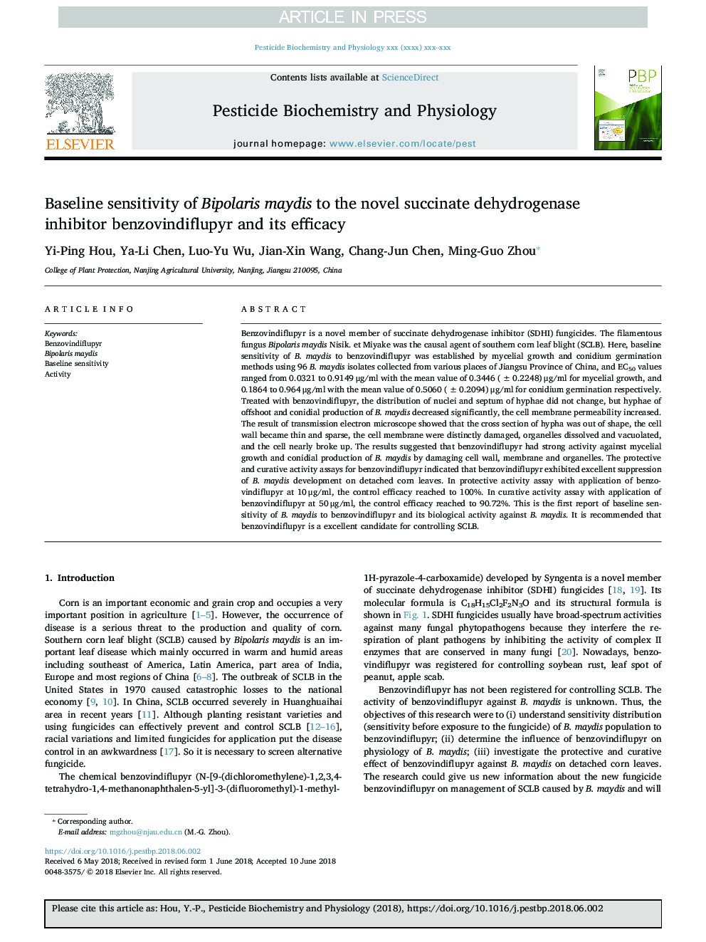 Baseline sensitivity of Bipolaris maydis to the novel succinate dehydrogenase inhibitor benzovindiflupyr and its efficacy