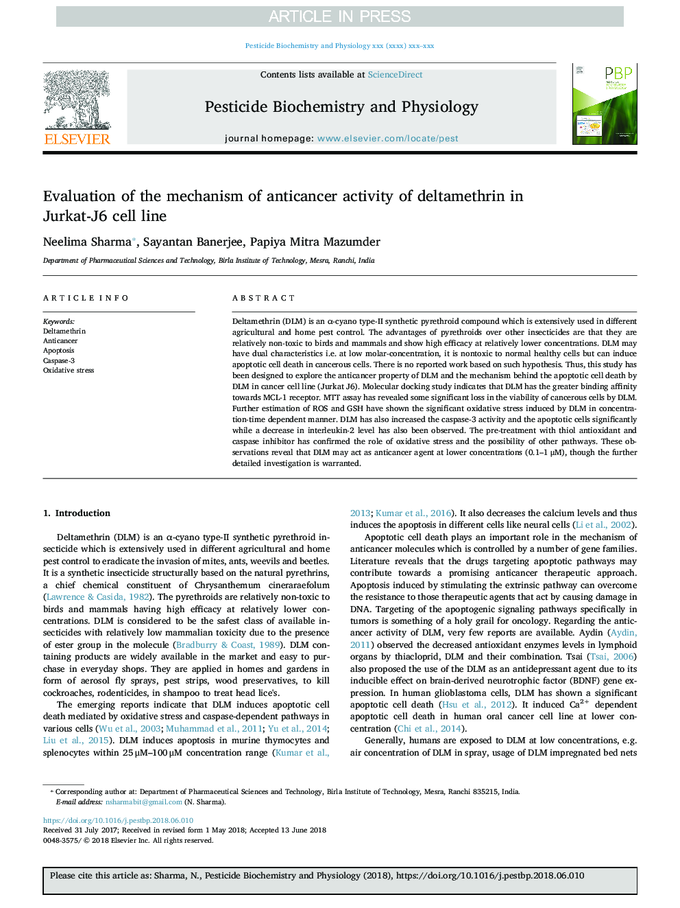 Evaluation of the mechanism of anticancer activity of deltamethrin in Jurkat-J6 cell line