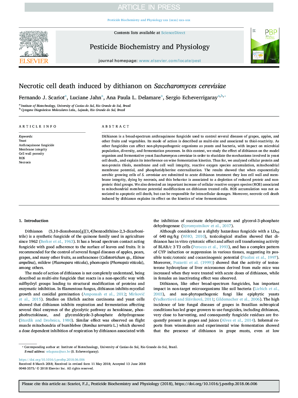 Necrotic cell death induced by dithianon on Saccharomyces cerevisiae