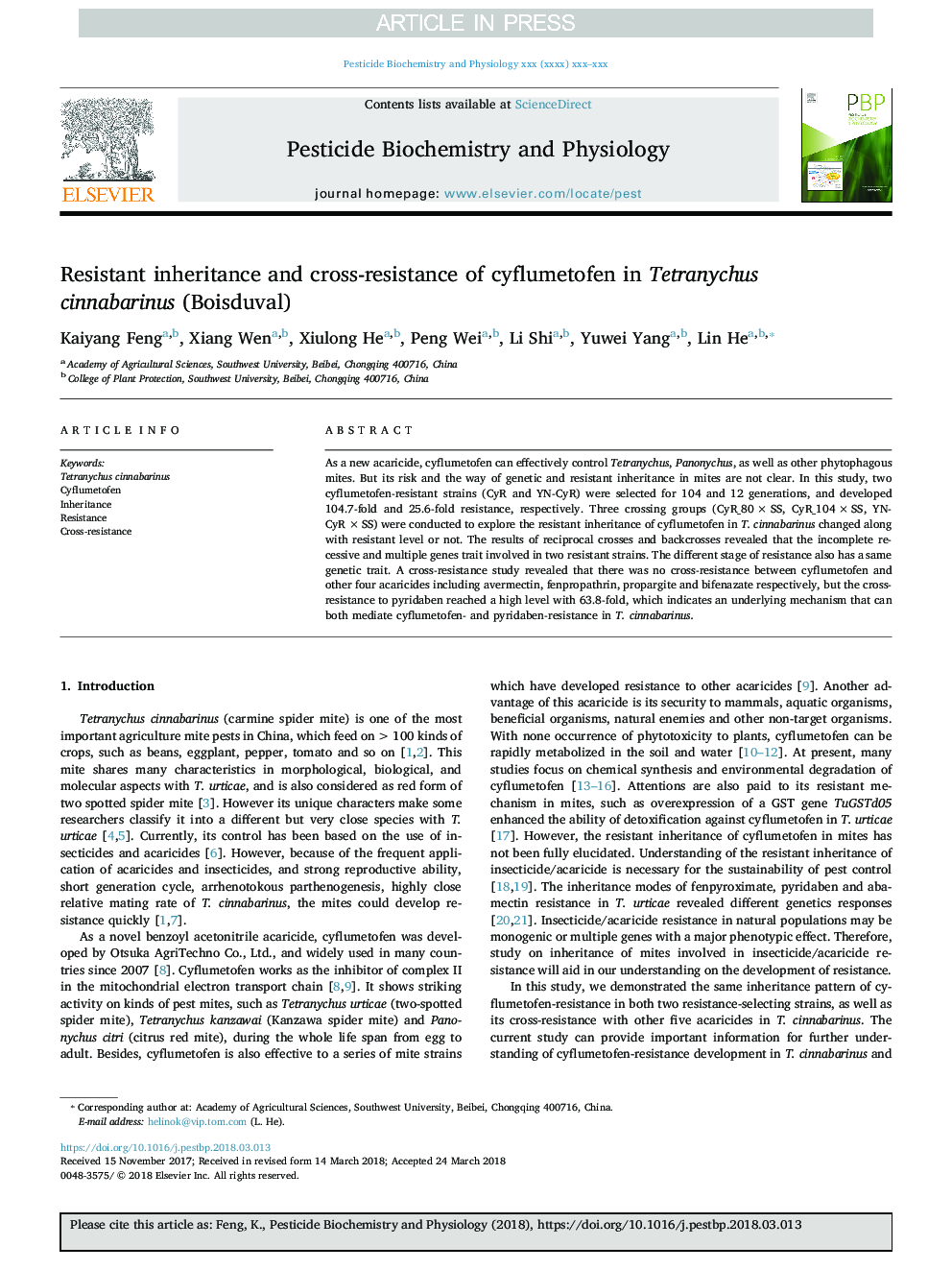 Resistant inheritance and cross-resistance of cyflumetofen in Tetranychus cinnabarinus (Boisduval)