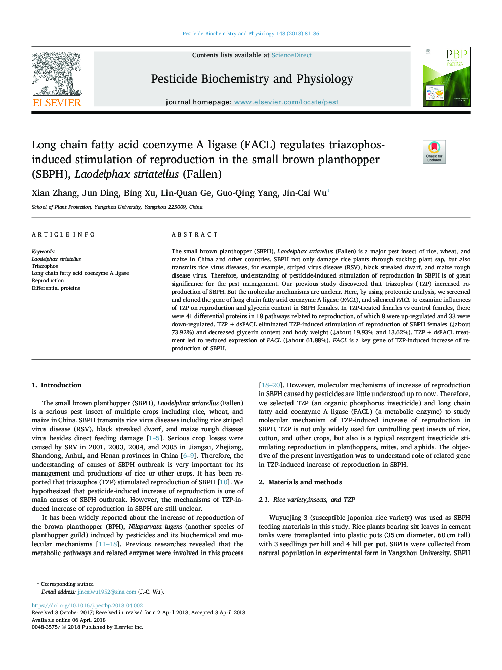 Long chain fatty acid coenzyme A ligase (FACL) regulates triazophos-induced stimulation of reproduction in the small brown planthopper (SBPH), Laodelphax striatellus (Fallen)