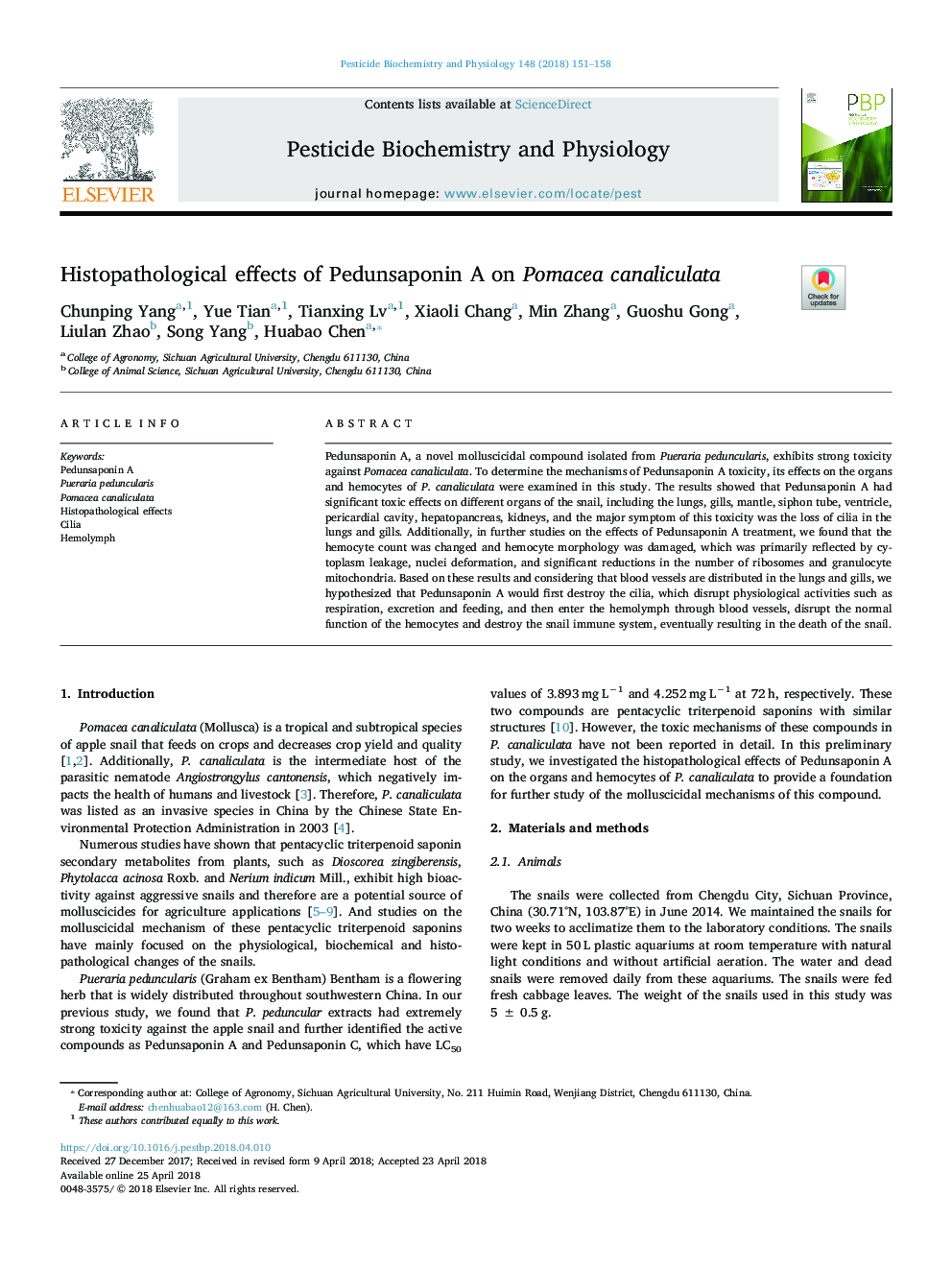 Histopathological effects of Pedunsaponin A on Pomacea canaliculata