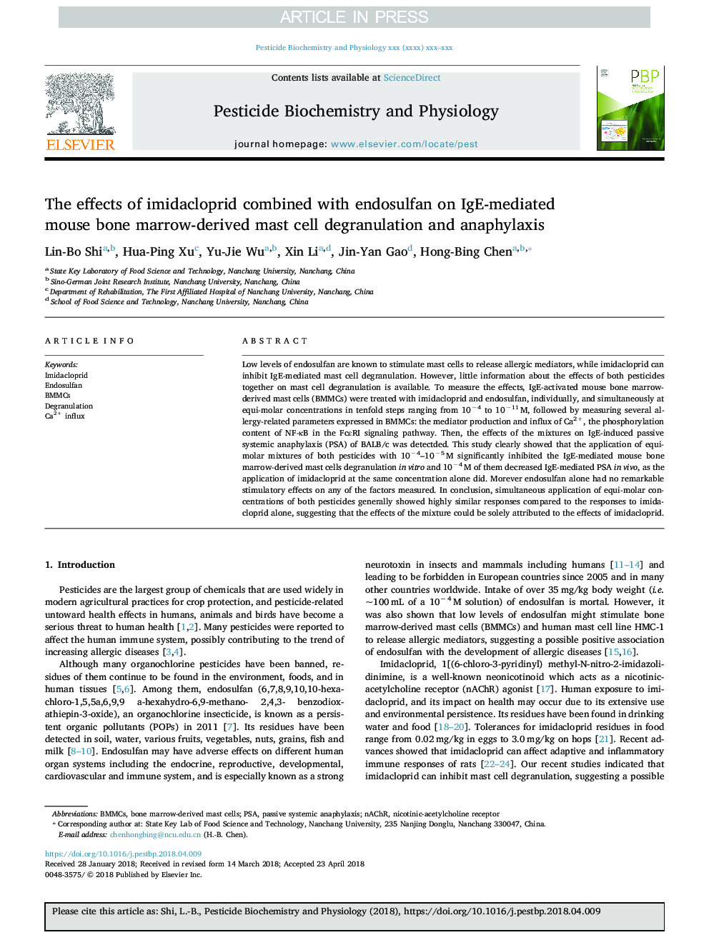 The effects of imidacloprid combined with endosulfan on IgE-mediated mouse bone marrow-derived mast cell degranulation and anaphylaxis