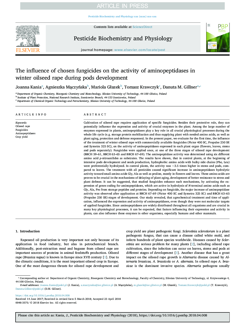 The influence of chosen fungicides on the activity of aminopeptidases in winter oilseed rape during pods development