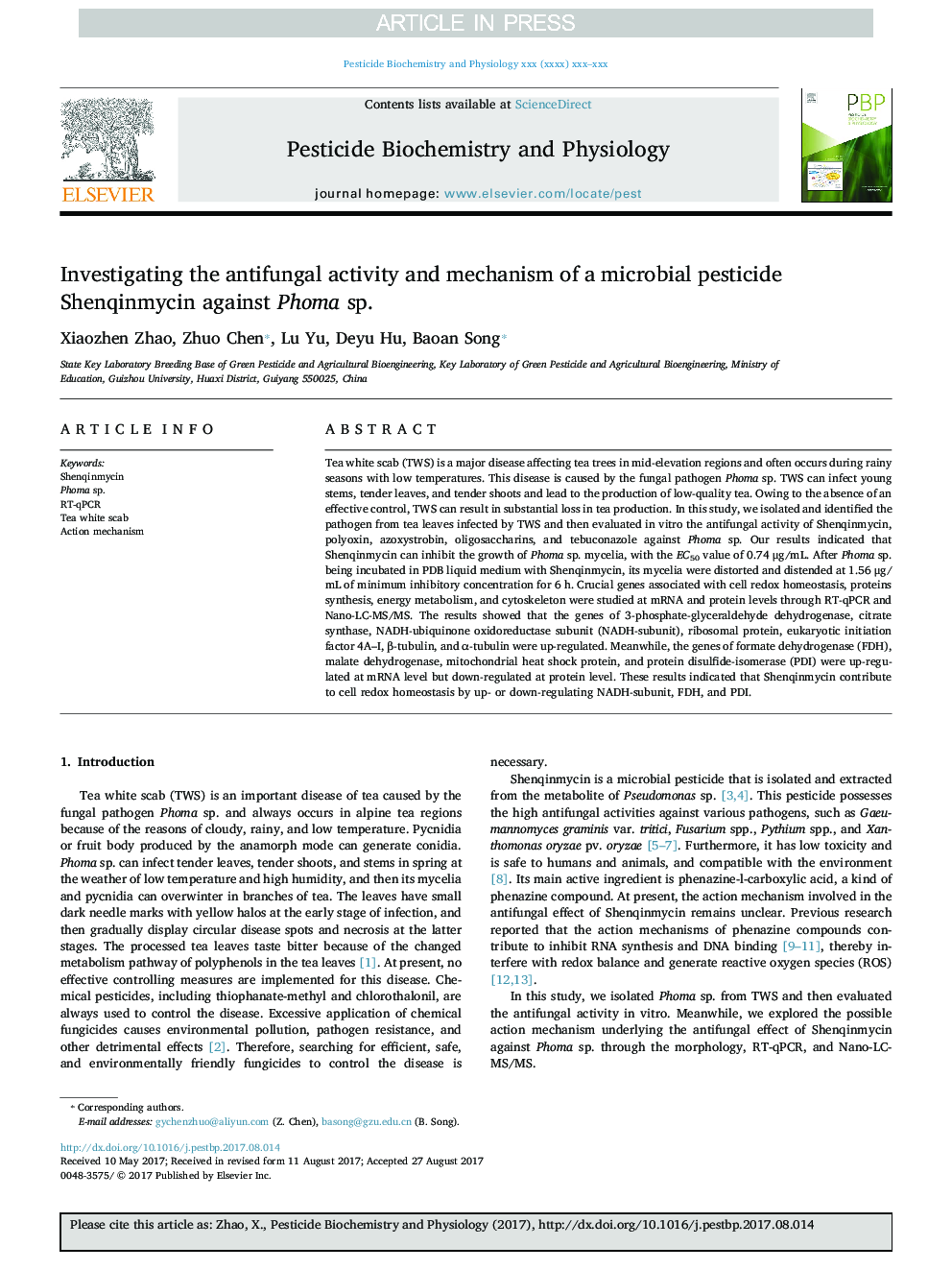 Investigating the antifungal activity and mechanism of a microbial pesticide Shenqinmycin against Phoma sp.