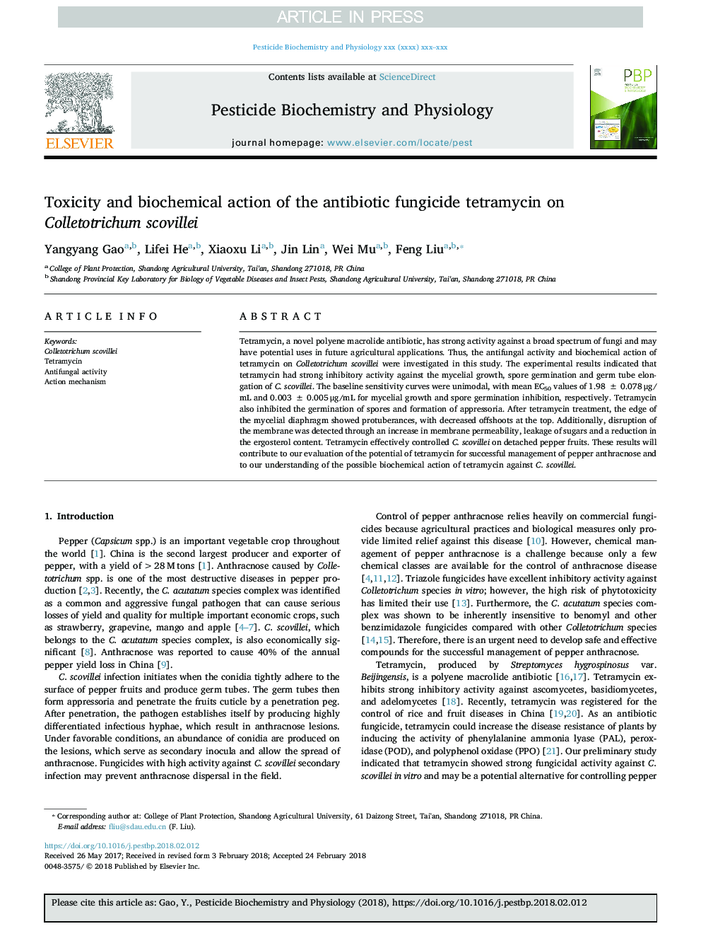 Toxicity and biochemical action of the antibiotic fungicide tetramycin on Colletotrichum scovillei