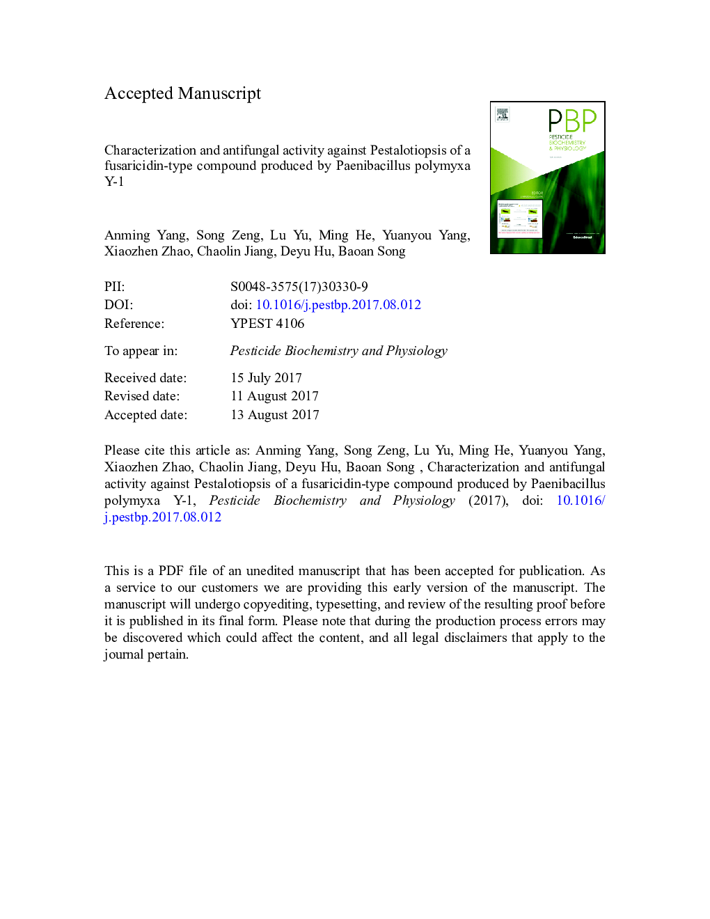 Characterization and antifungal activity against Pestalotiopsis of a fusaricidin-type compound produced by Paenibacillus polymyxa Y-1