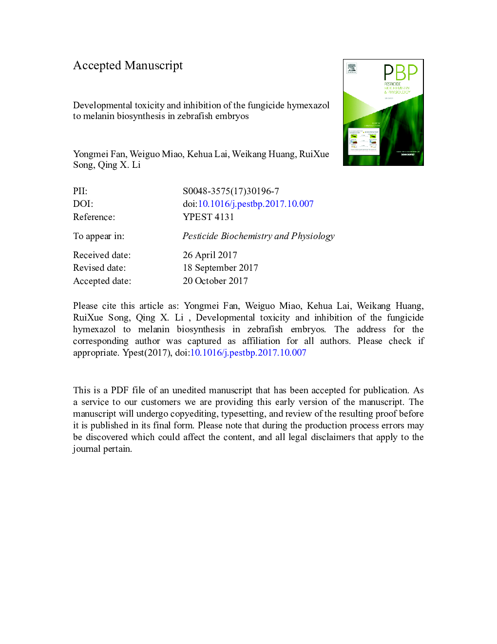 Developmental toxicity and inhibition of the fungicide hymexazol to melanin biosynthesis in zebrafish embryos