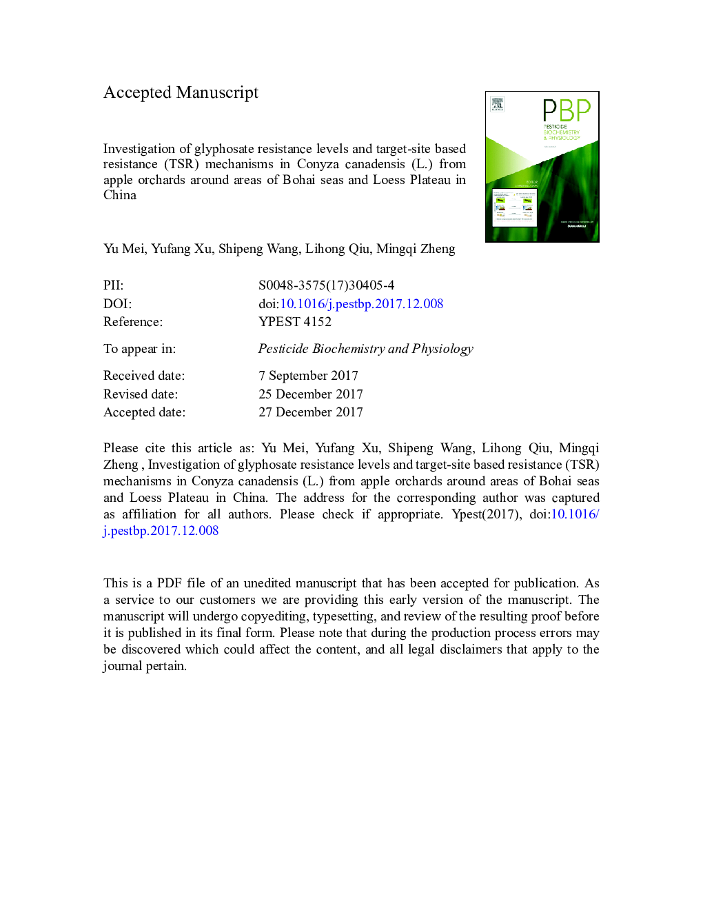 Investigation of glyphosate resistance levels and target-site based resistance (TSR) mechanisms in Conyza canadensis (L.) from apple orchards around areas of Bohai seas and Loess Plateau in China