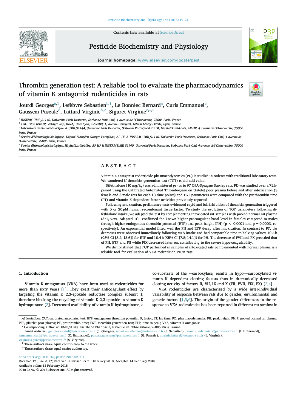 Thrombin generation test: A reliable tool to evaluate the pharmacodynamics of vitamin K antagonist rodenticides in rats