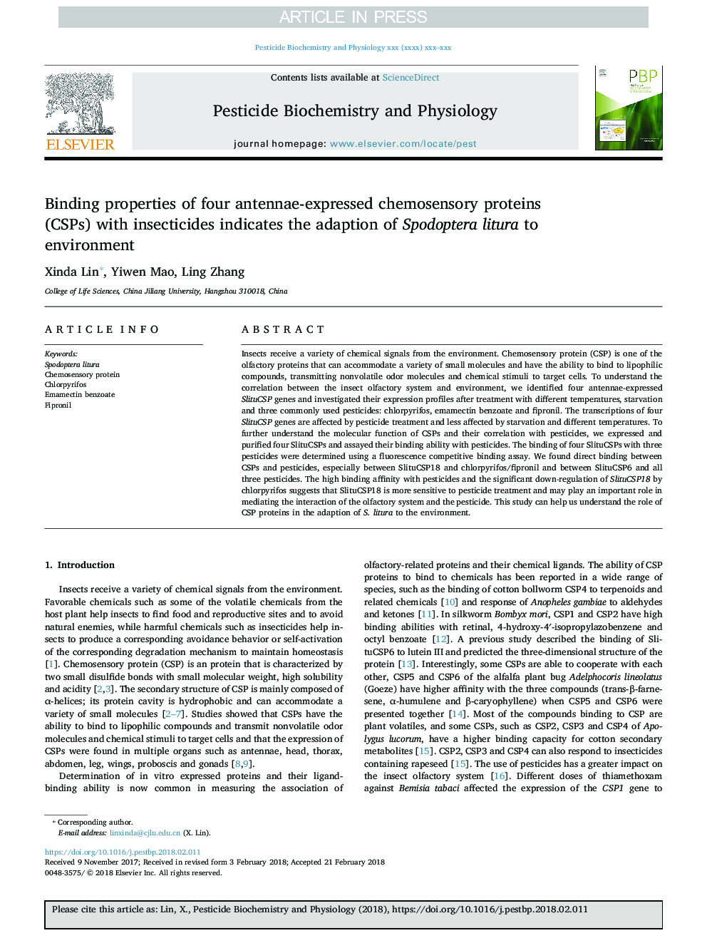 Binding properties of four antennae-expressed chemosensory proteins (CSPs) with insecticides indicates the adaption of Spodoptera litura to environment