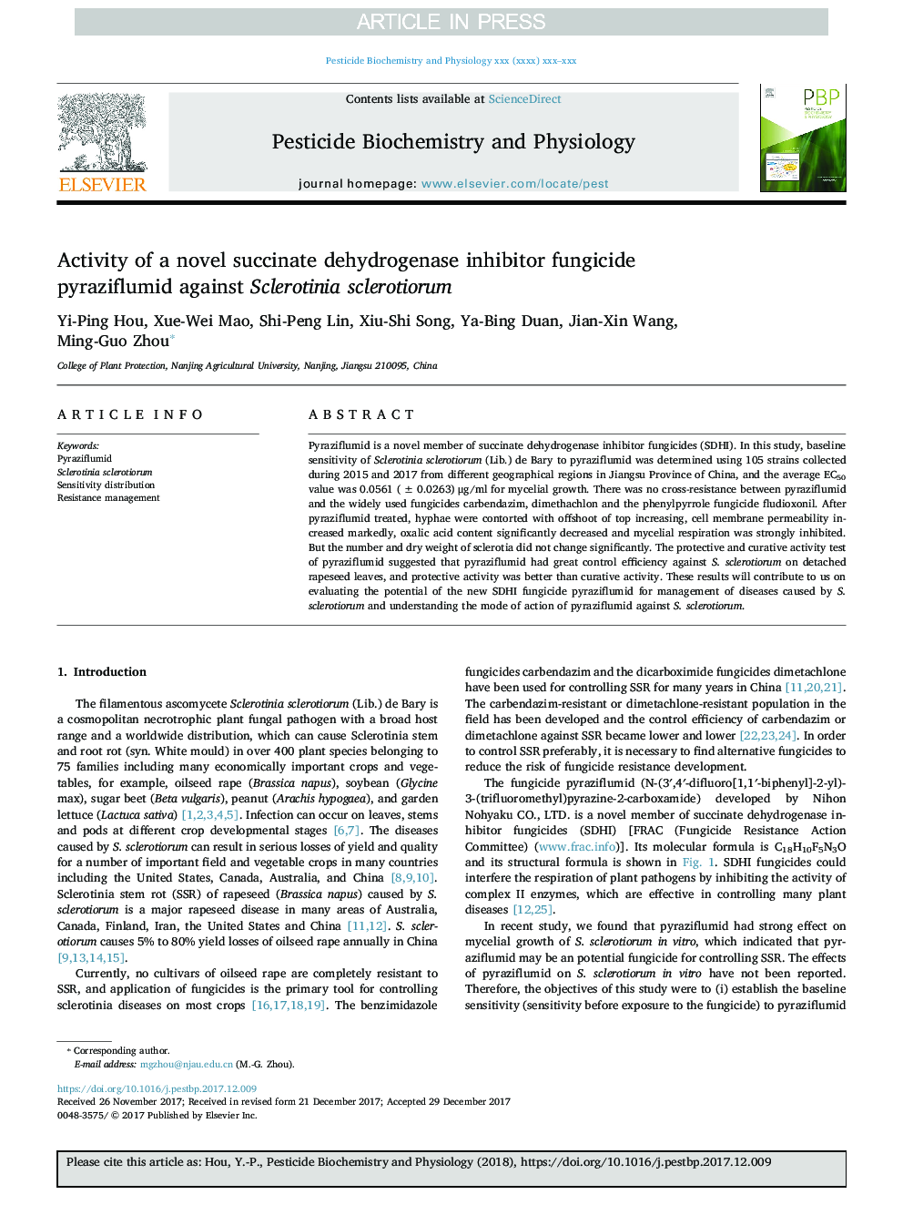 Activity of a novel succinate dehydrogenase inhibitor fungicide pyraziflumid against Sclerotinia sclerotiorum