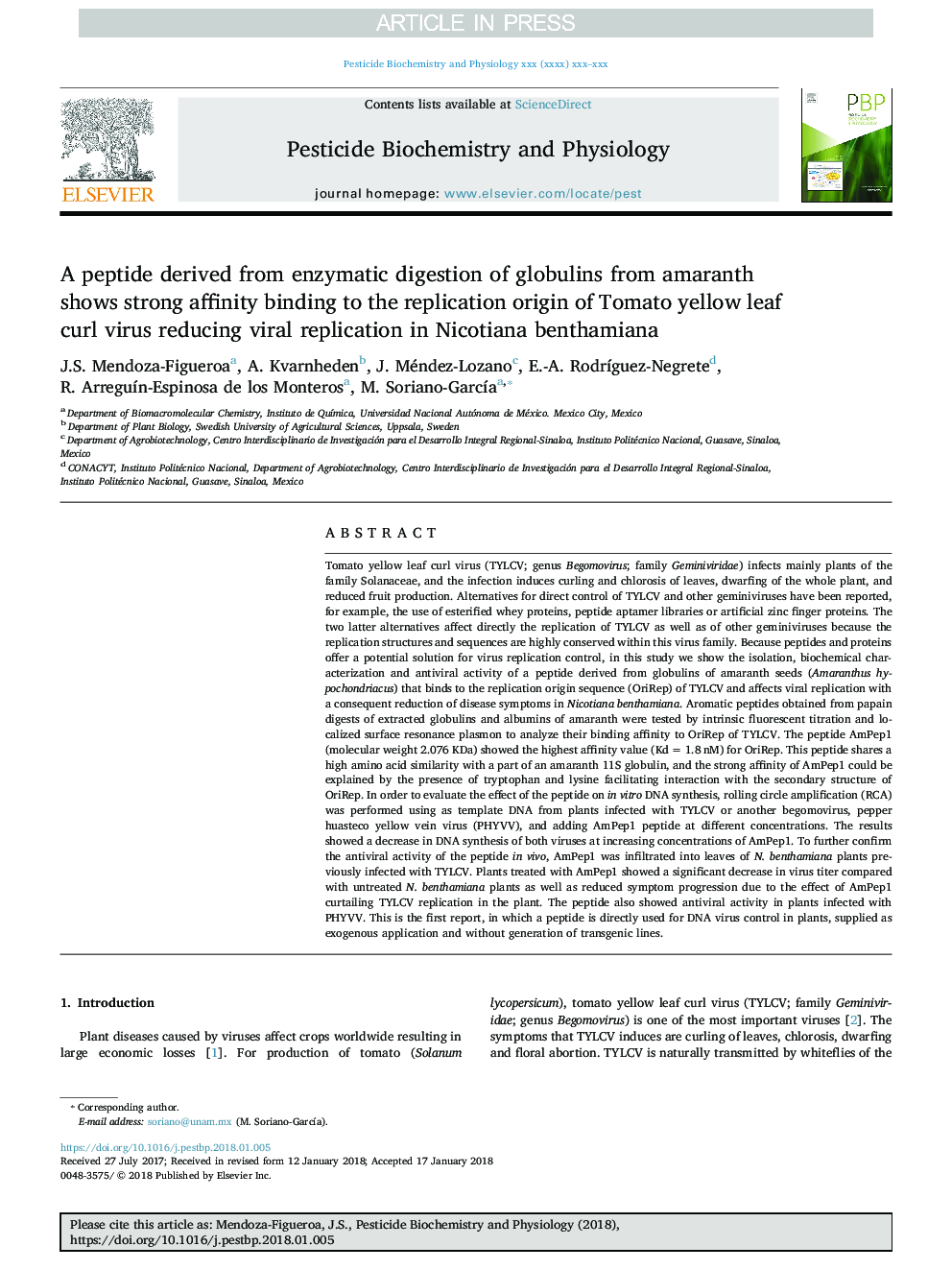 A peptide derived from enzymatic digestion of globulins from amaranth shows strong affinity binding to the replication origin of Tomato yellow leaf curl virus reducing viral replication in Nicotiana benthamiana