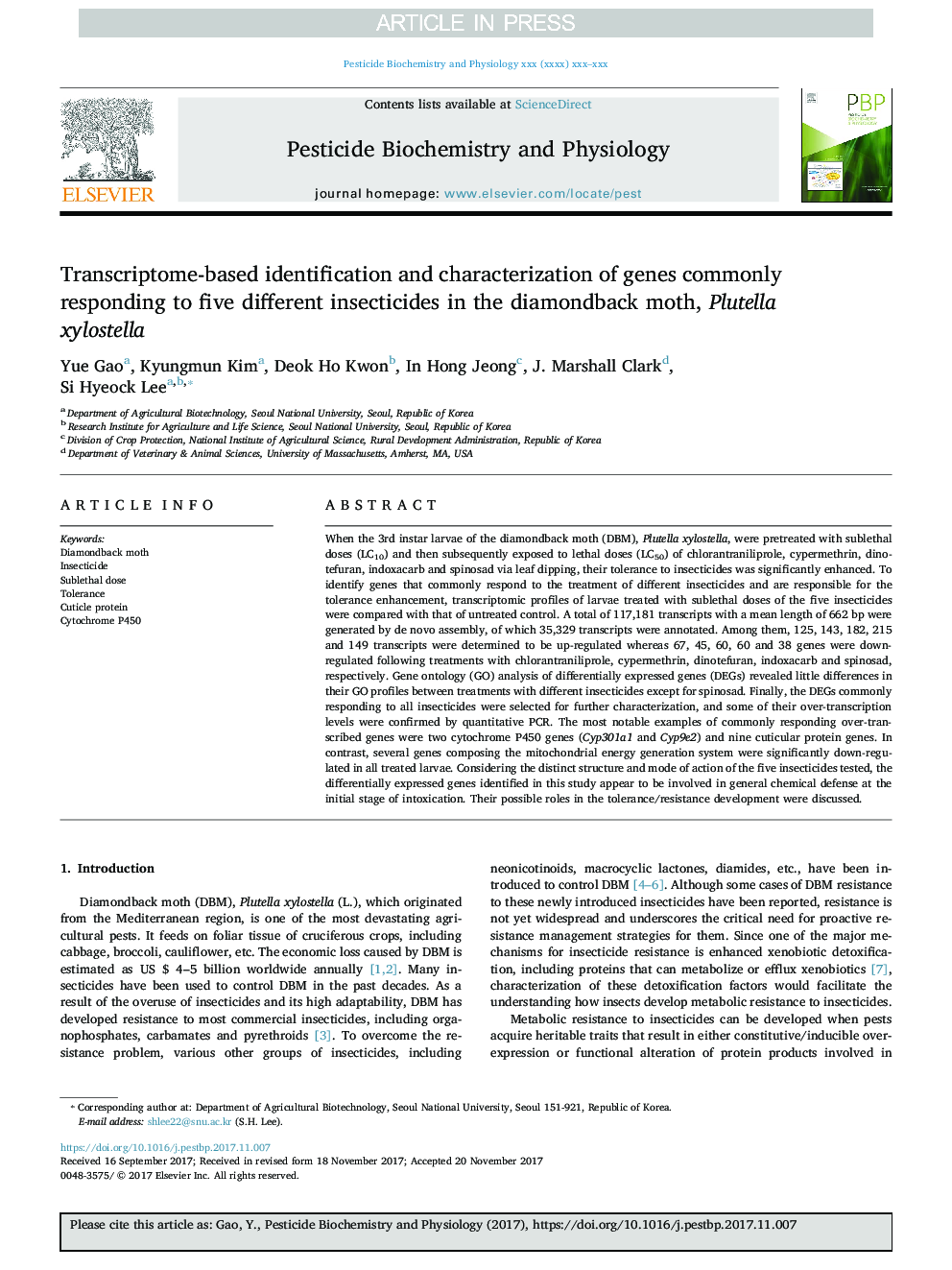 Transcriptome-based identification and characterization of genes commonly responding to five different insecticides in the diamondback moth, Plutella xylostella