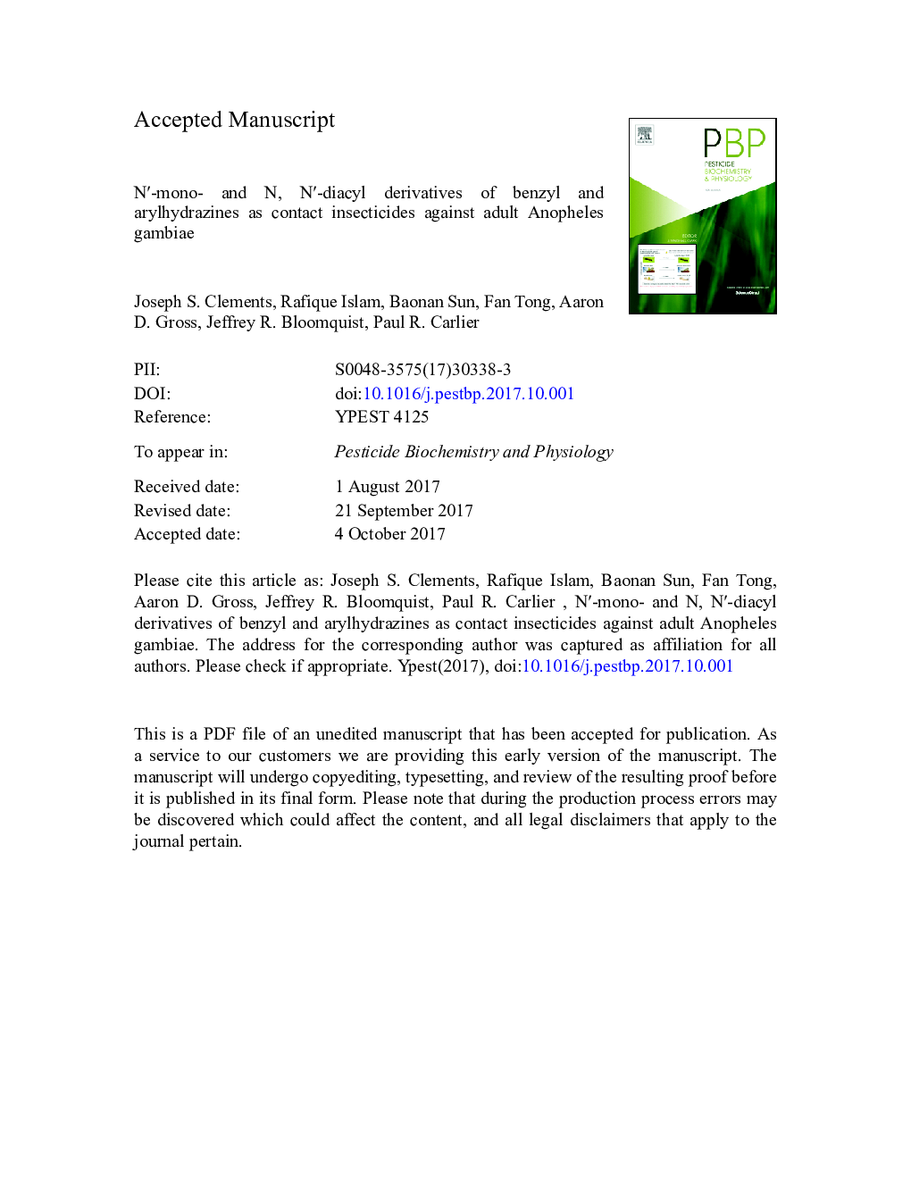 Nâ²-mono- and N, Nâ²-diacyl derivatives of benzyl and arylhydrazines as contact insecticides against adult Anopheles gambiae
