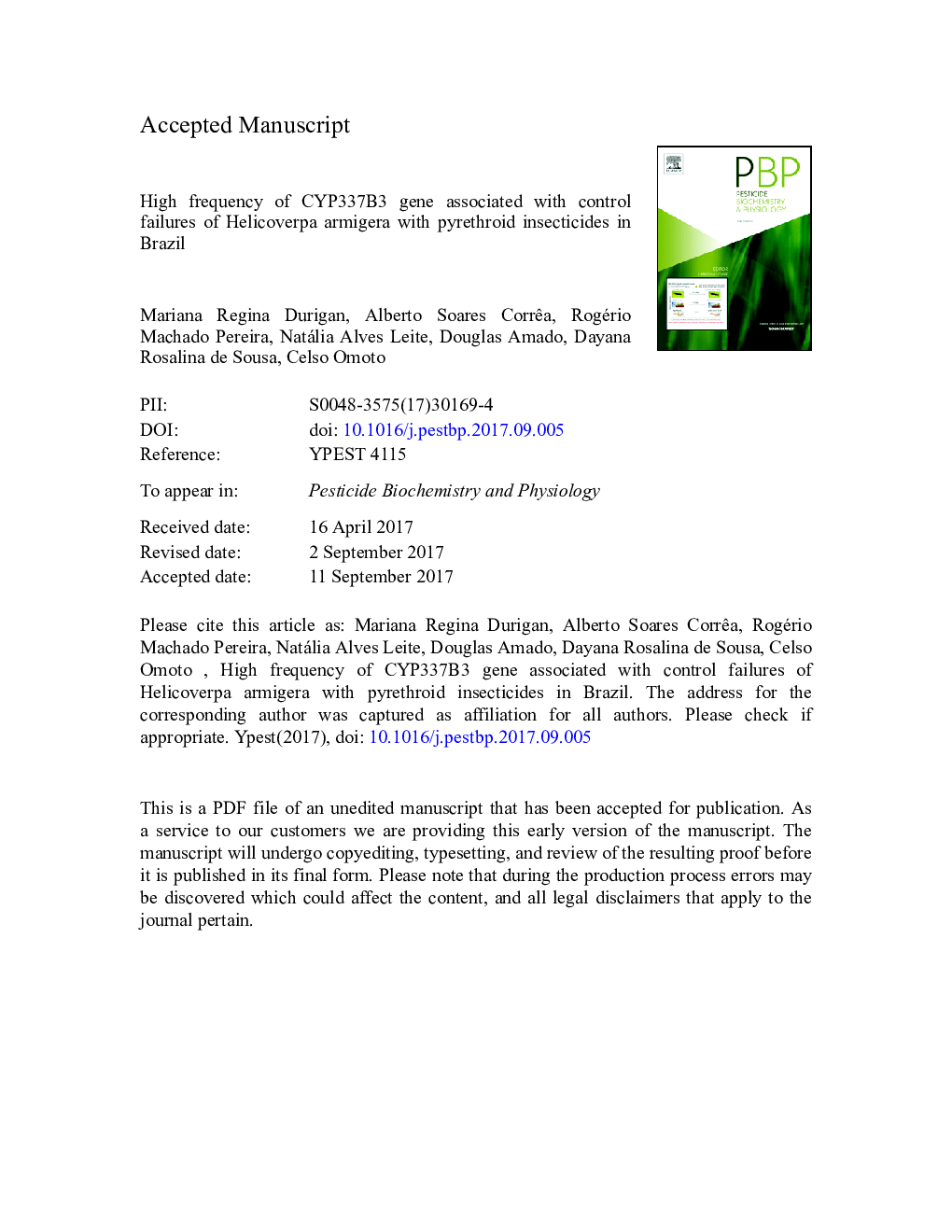 High frequency of CYP337B3 gene associated with control failures of Helicoverpa armigera with pyrethroid insecticides in Brazil