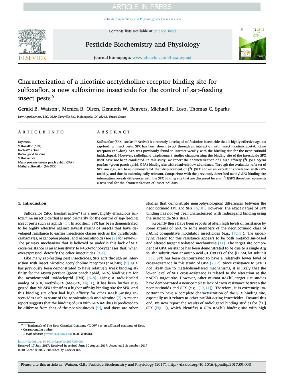 Characterization of a nicotinic acetylcholine receptor binding site for sulfoxaflor, a new sulfoximine insecticide for the control of sap-feeding insect pests