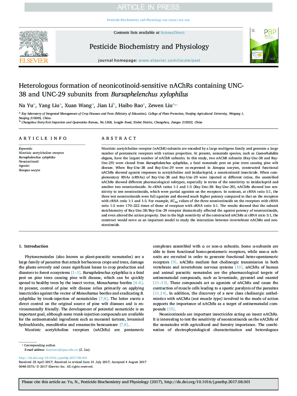 Heterologous formation of neonicotinoid-sensitive nAChRs containing UNC-38 and UNC-29 subunits from Bursaphelenchus xylophilus