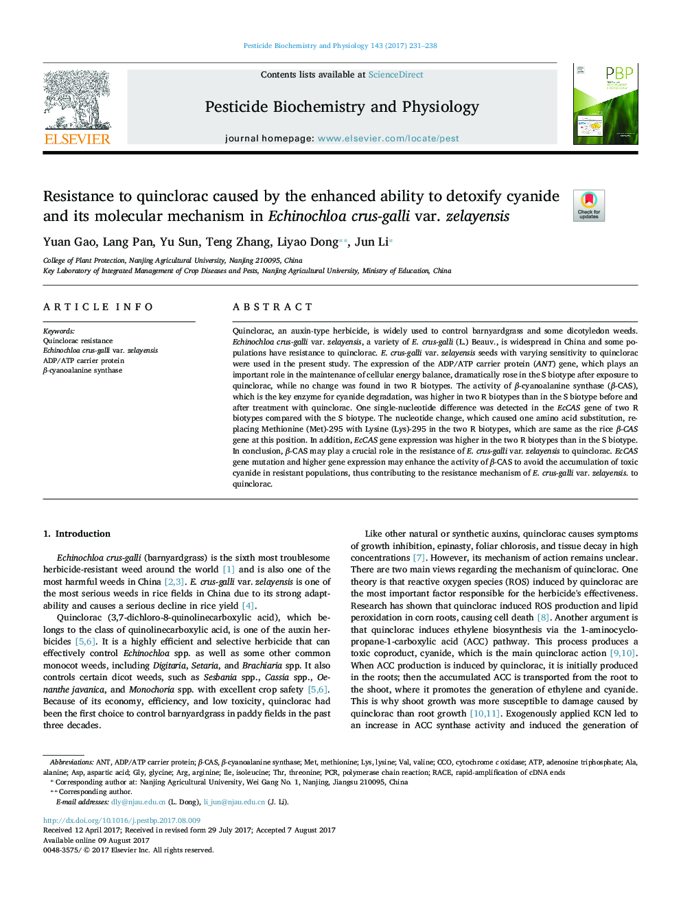 Resistance to quinclorac caused by the enhanced ability to detoxify cyanide and its molecular mechanism in Echinochloa crus-galli var. zelayensis