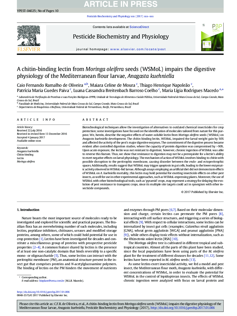 A chitin-binding lectin from Moringa oleifera seeds (WSMoL) impairs the digestive physiology of the Mediterranean flour larvae, Anagasta kuehniella