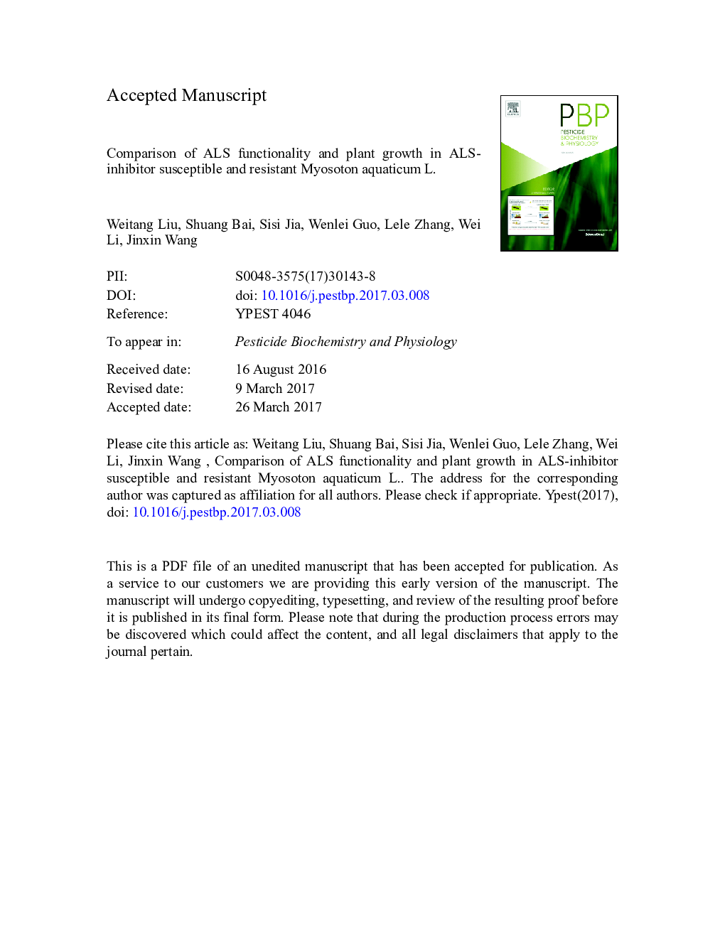 Comparison of ALS functionality and plant growth in ALS-inhibitor susceptible and resistant Myosoton aquaticum L.