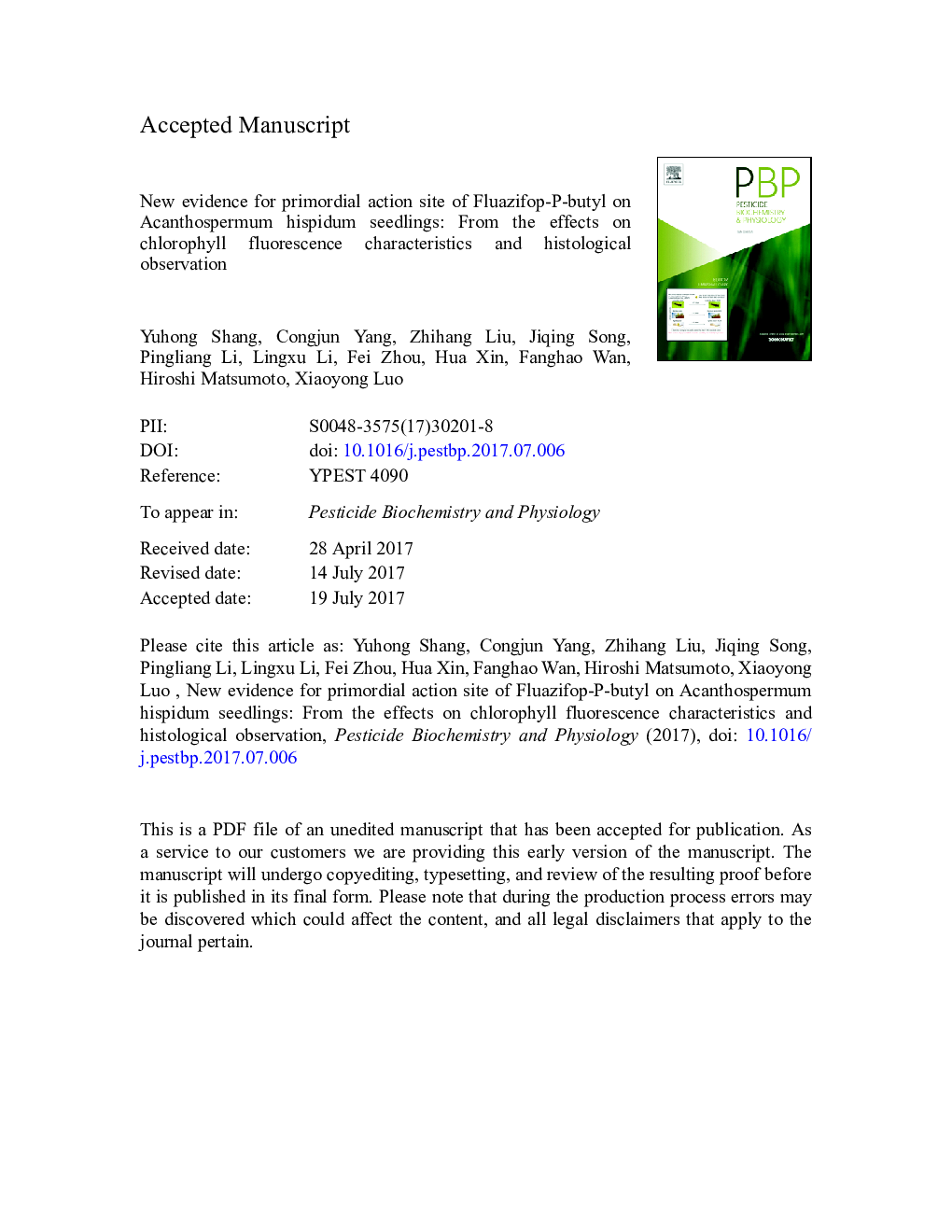 New evidence for primordial action site of Fluazifop-P-butyl on Acanthospermum hispidum seedlings: From the effects on chlorophyll fluorescence characteristics and histological observation