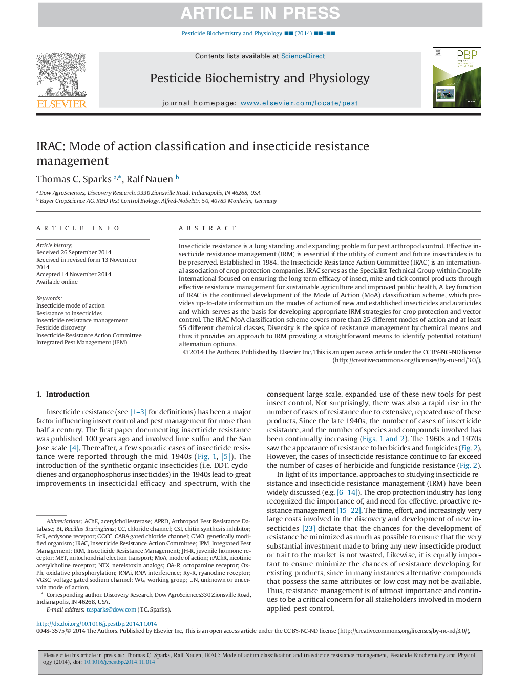 IRAC: Mode of action classification and insecticide resistance management