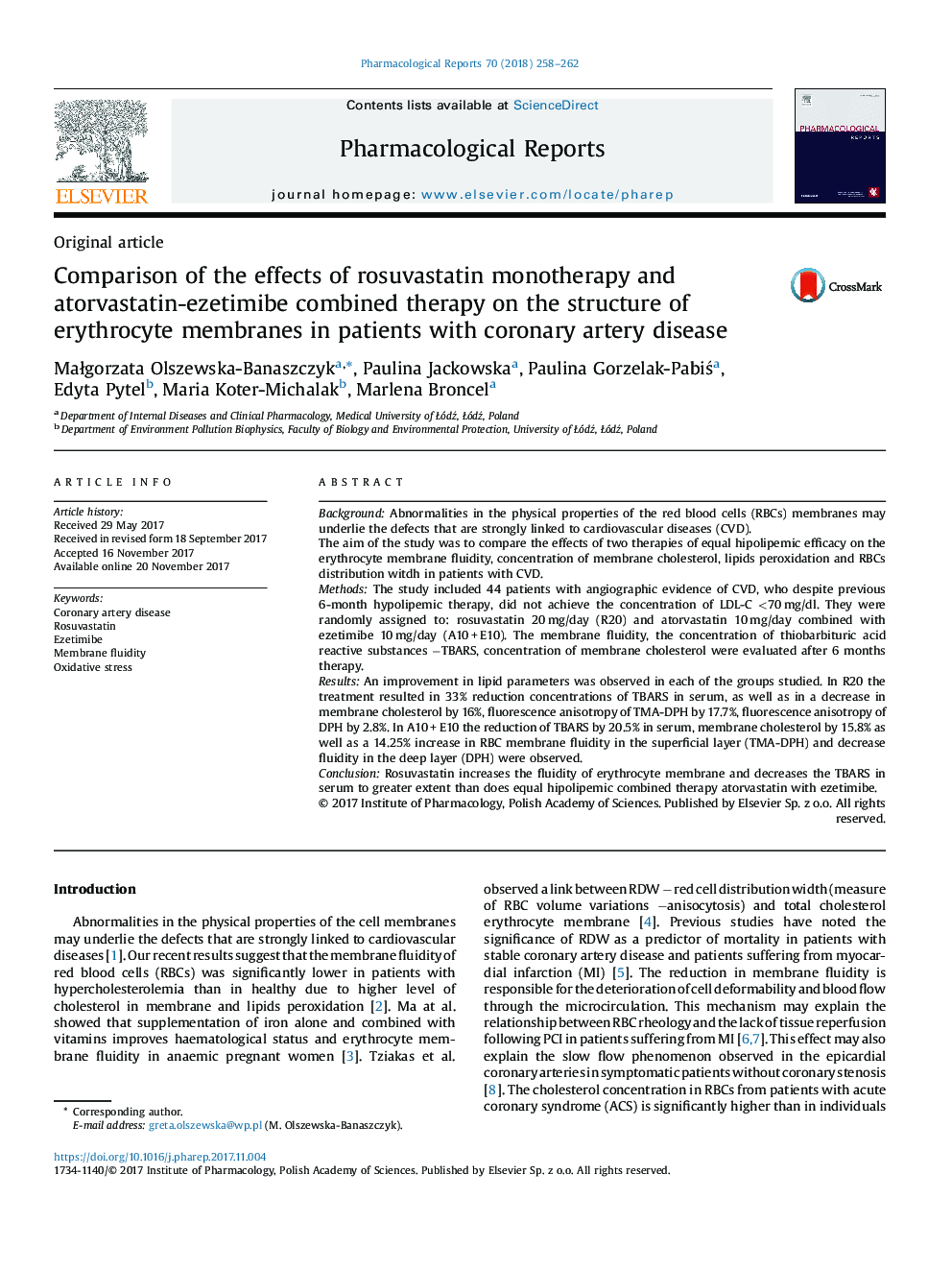 مقایسه اثرات مونوتراپی روستوواستاتین و درمان ترکیبی آتورواستاتین ایزتیمایب با ساختار غشای اریتروسیت در بیماران مبتلا به بیماری عروق کرونر 