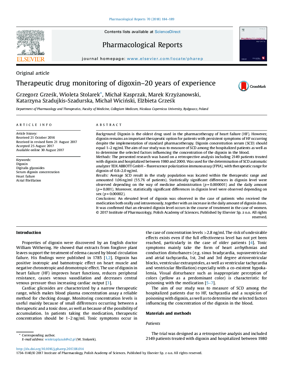 Therapeutic drug monitoring of digoxin-20 years of experience