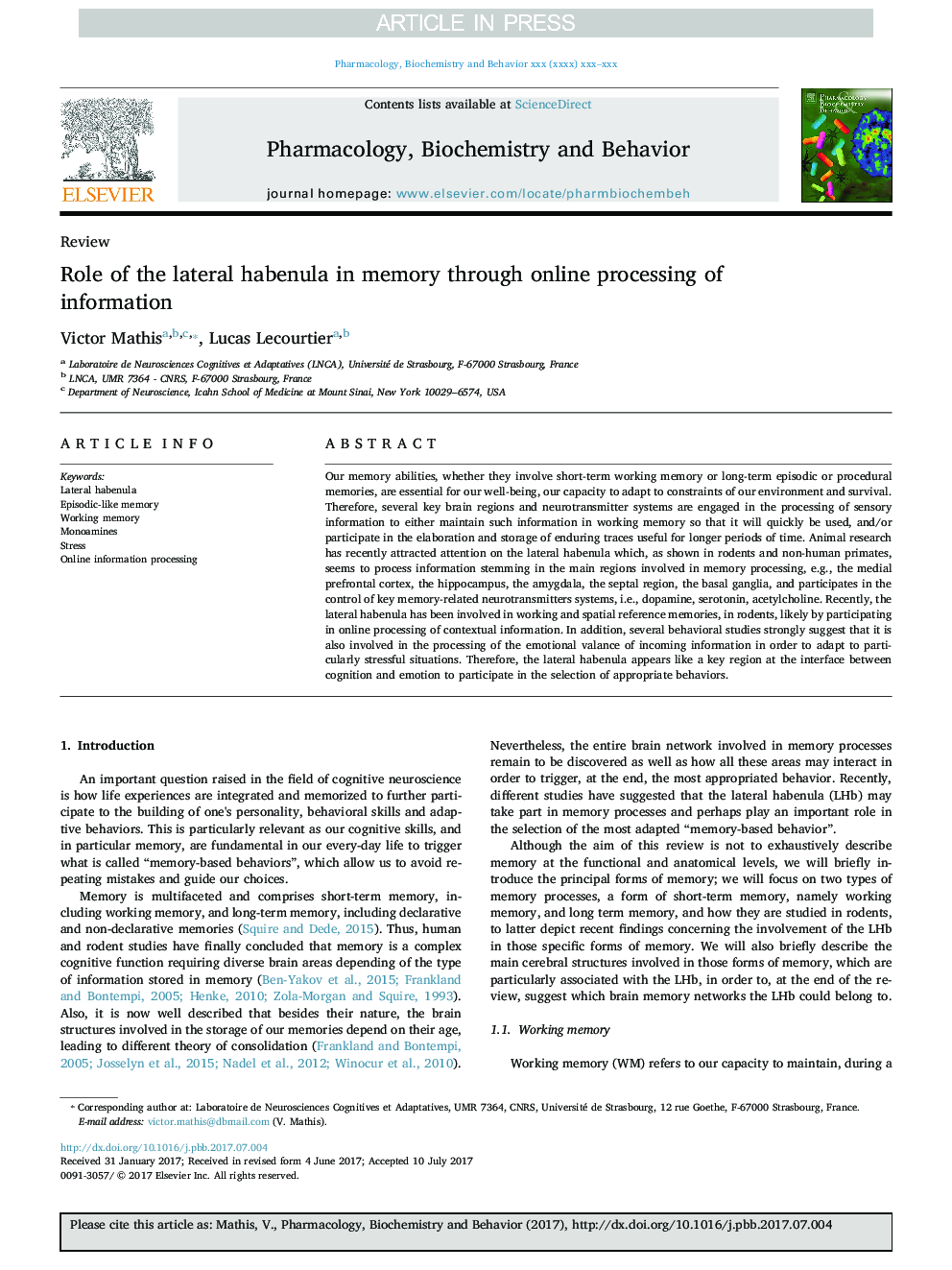 Role of the lateral habenula in memory through online processing of information