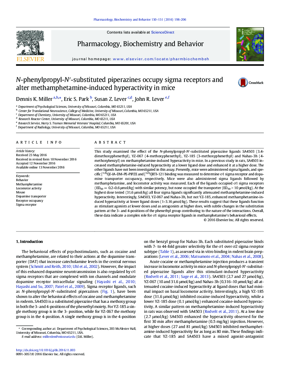 N-phenylpropyl-Nâ²-substituted piperazines occupy sigma receptors and alter methamphetamine-induced hyperactivity in mice