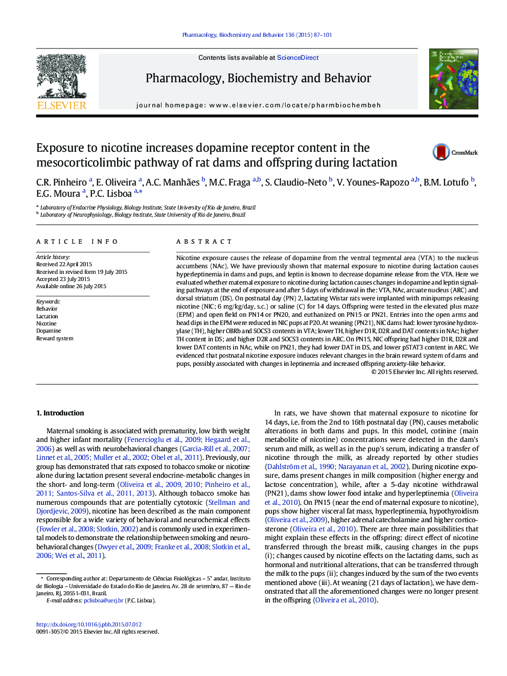 Exposure to nicotine increases dopamine receptor content in the mesocorticolimbic pathway of rat dams and offspring during lactation