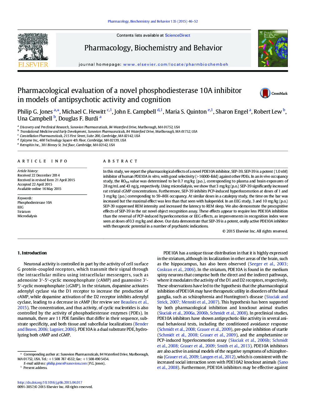 Pharmacological evaluation of a novel phosphodiesterase 10A inhibitor in models of antipsychotic activity and cognition