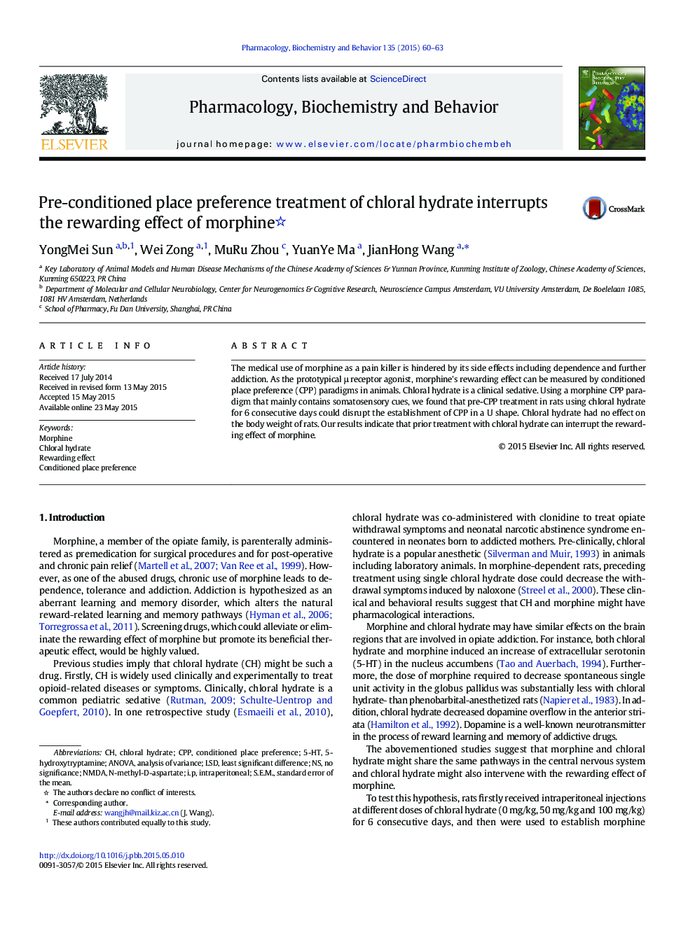 Pre-conditioned place preference treatment of chloral hydrate interrupts the rewarding effect of morphine