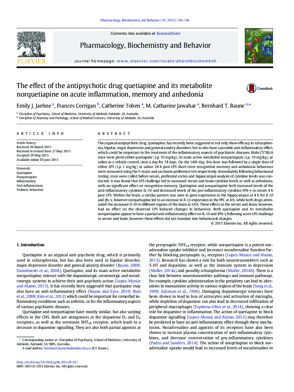 The effect of the antipsychotic drug quetiapine and its metabolite norquetiapine on acute inflammation, memory and anhedonia