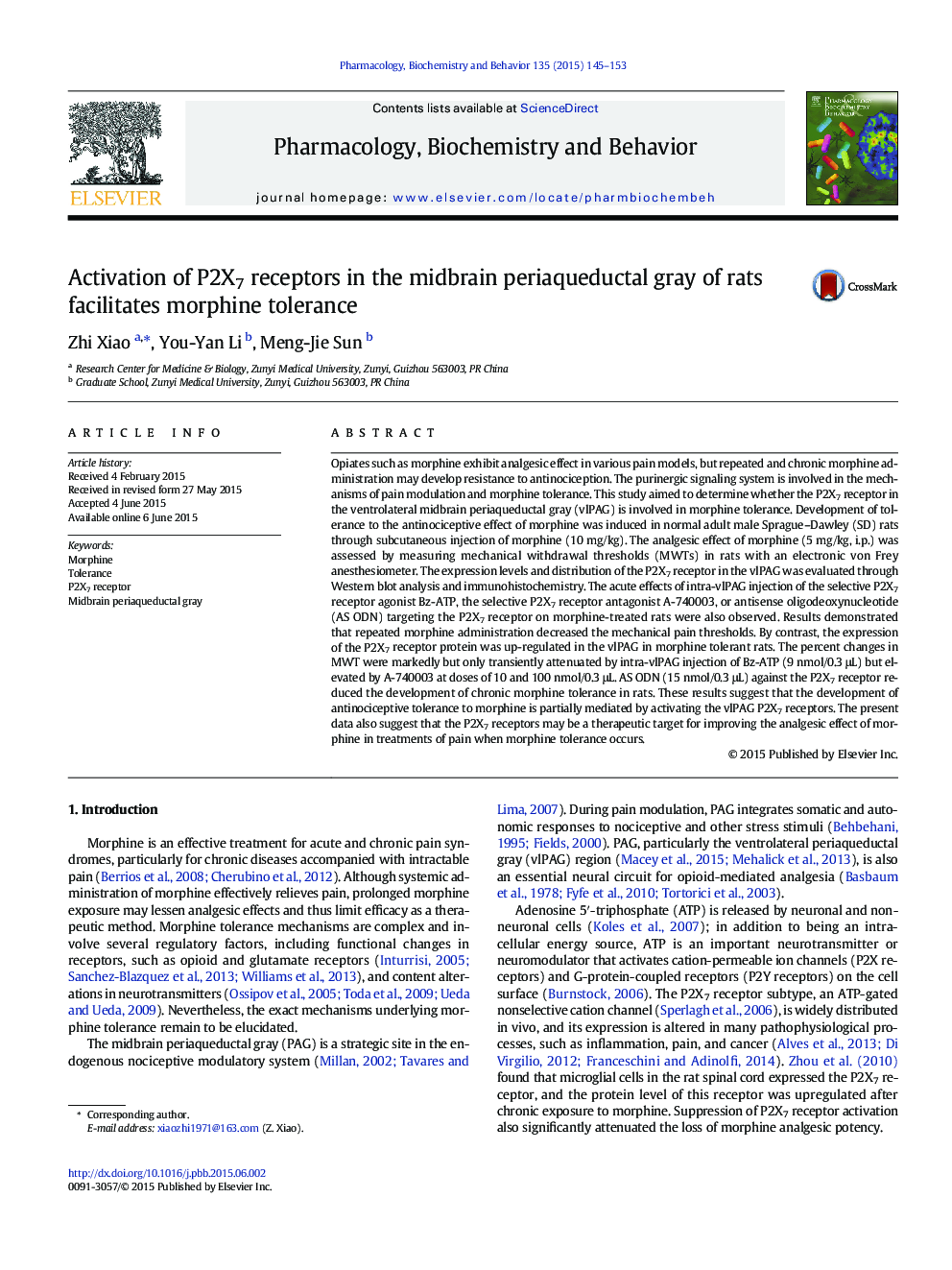 Activation of P2X7 receptors in the midbrain periaqueductal gray of rats facilitates morphine tolerance