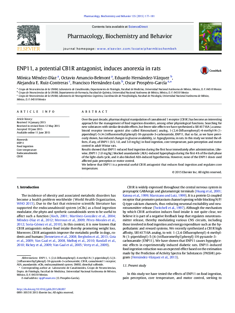 ENP11, a potential CB1R antagonist, induces anorexia in rats