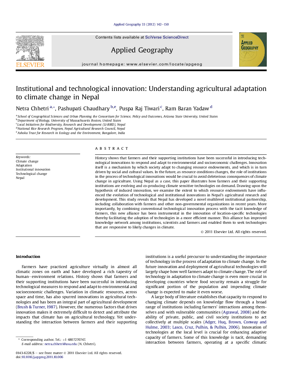 Institutional and technological innovation: Understanding agricultural adaptation to climate change in Nepal