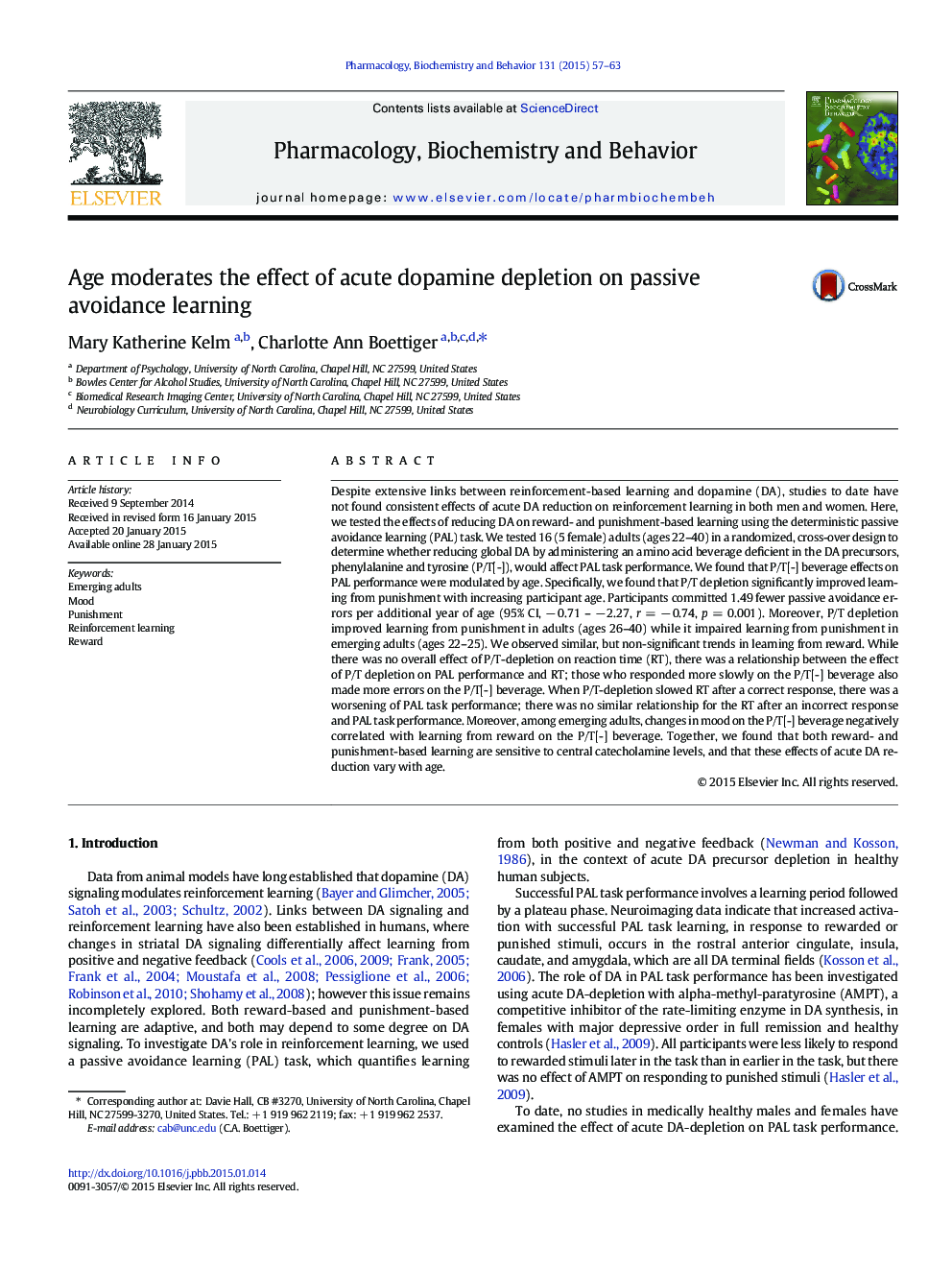 Age moderates the effect of acute dopamine depletion on passive avoidance learning