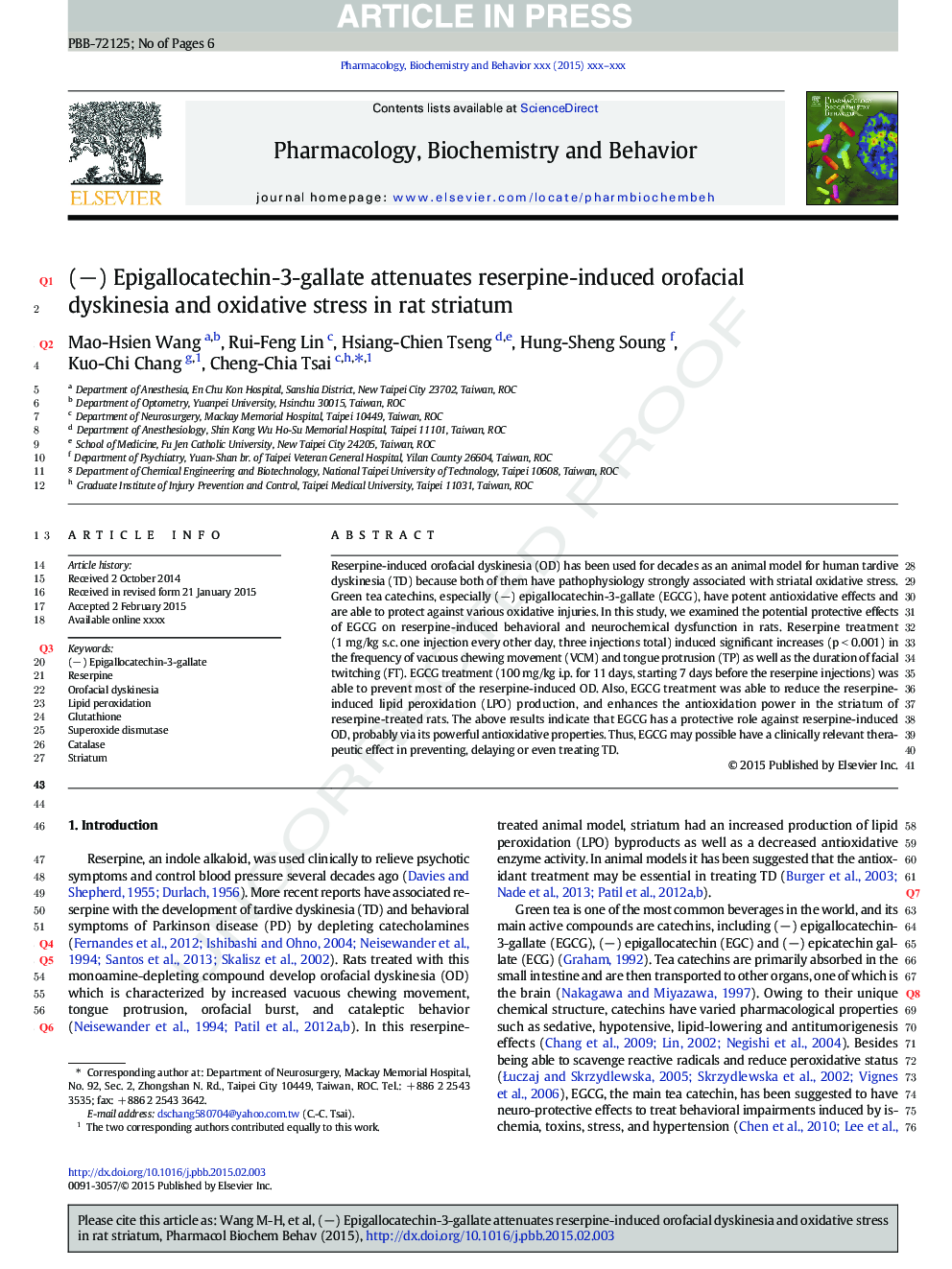 (â) Epigallocatechin-3-gallate attenuates reserpine-induced orofacial dyskinesia and oxidative stress in rat striatum