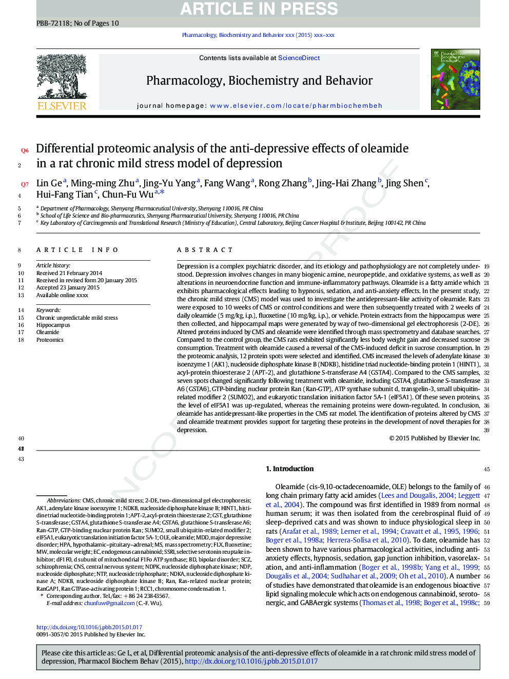 Differential proteomic analysis of the anti-depressive effects of oleamide in a rat chronic mild stress model of depression