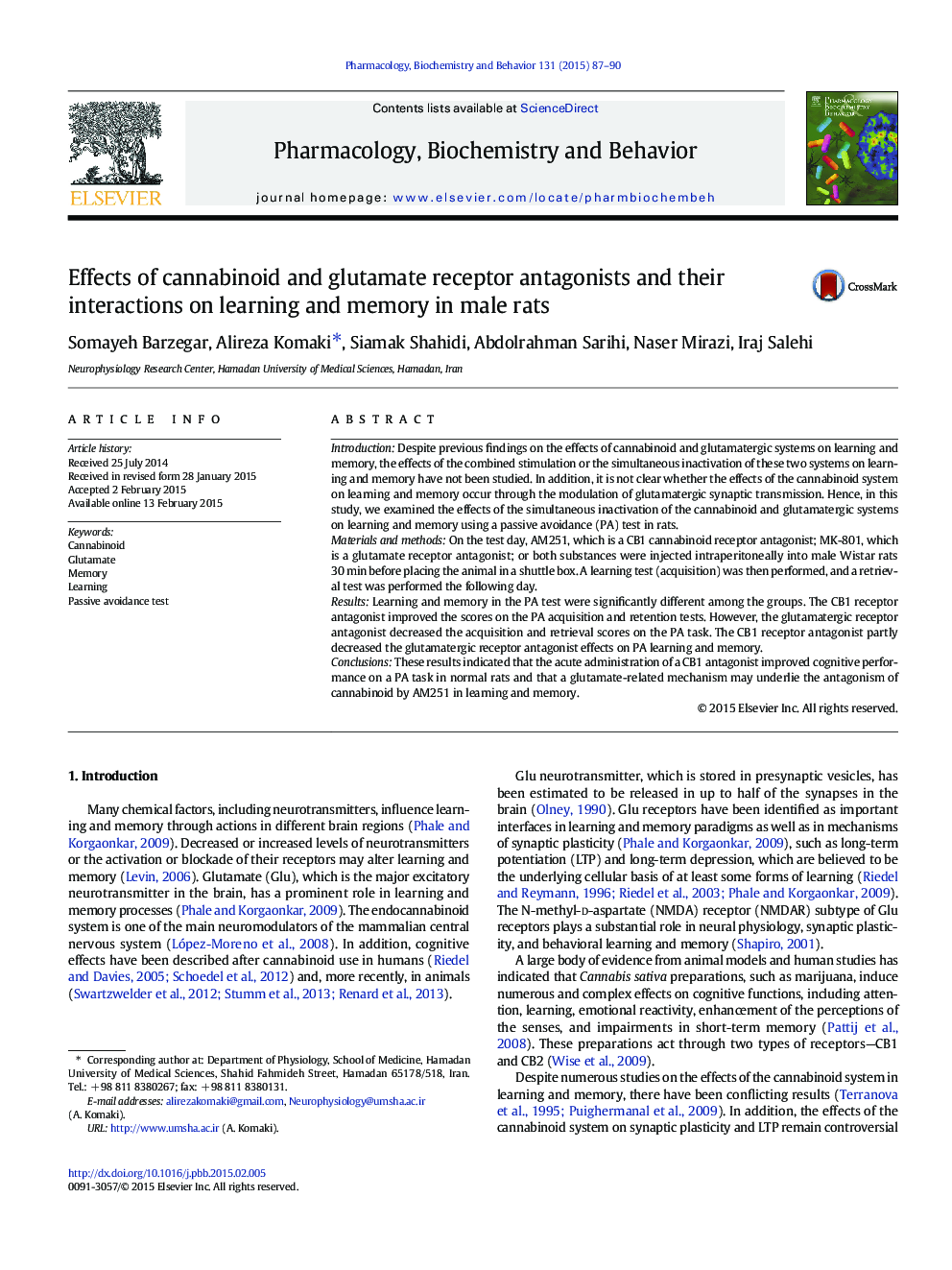 Effects of cannabinoid and glutamate receptor antagonists and their interactions on learning and memory in male rats