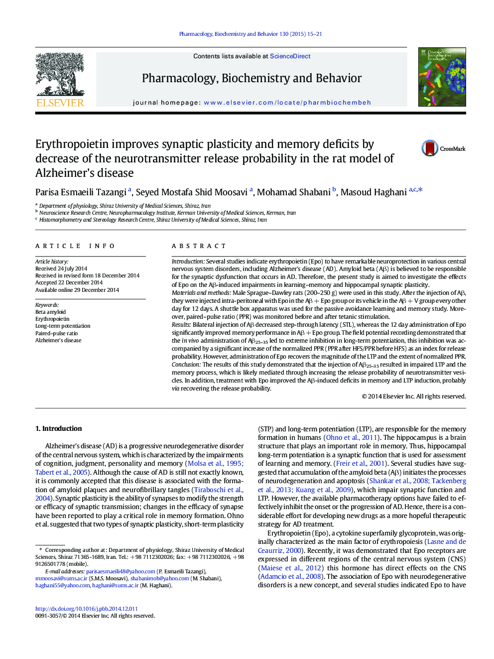 Erythropoietin improves synaptic plasticity and memory deficits by decrease of the neurotransmitter release probability in the rat model of Alzheimer's disease