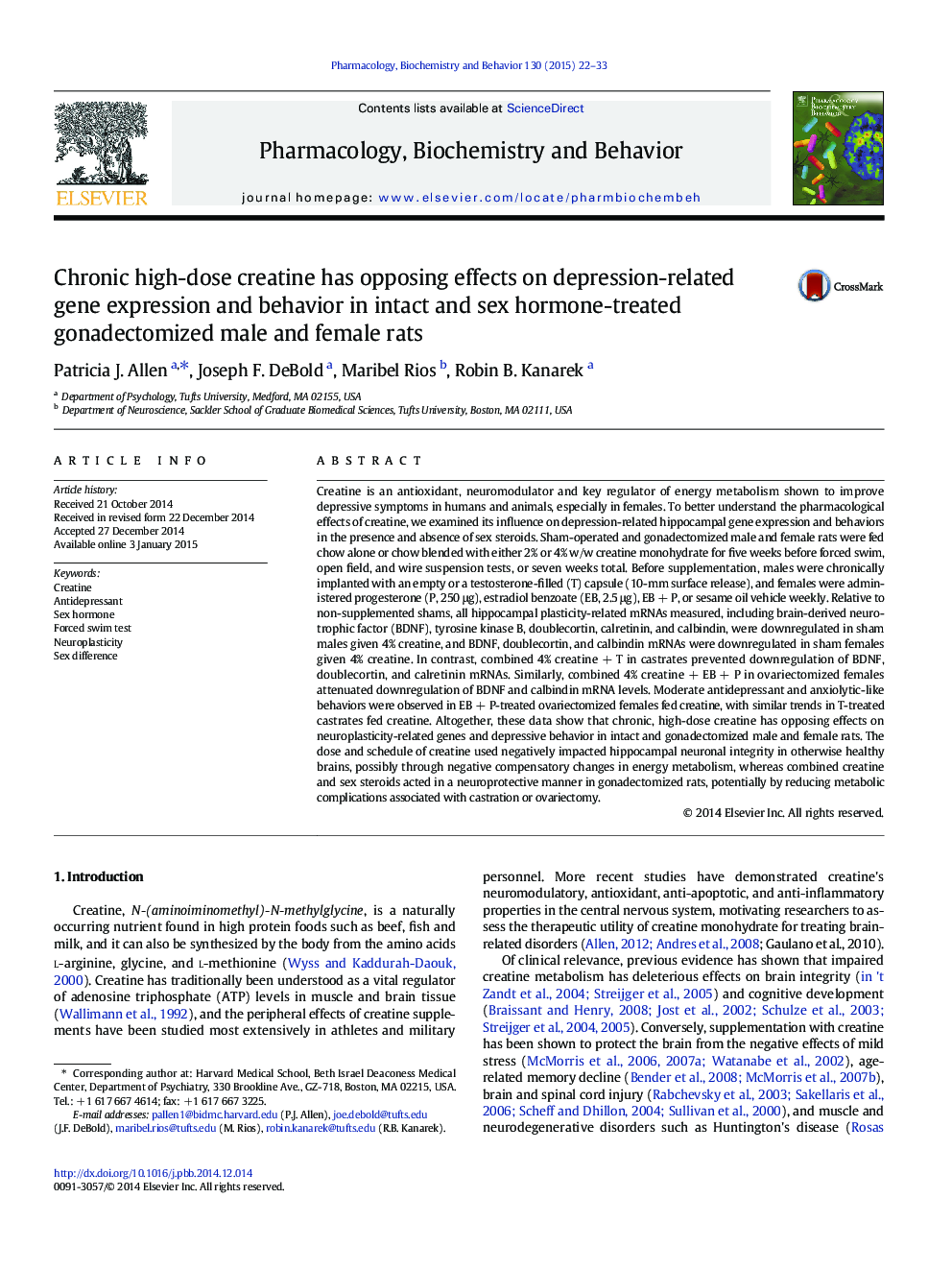 Chronic high-dose creatine has opposing effects on depression-related gene expression and behavior in intact and sex hormone-treated gonadectomized male and female rats