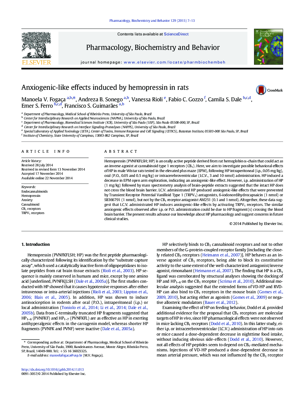 Anxiogenic-like effects induced by hemopressin in rats