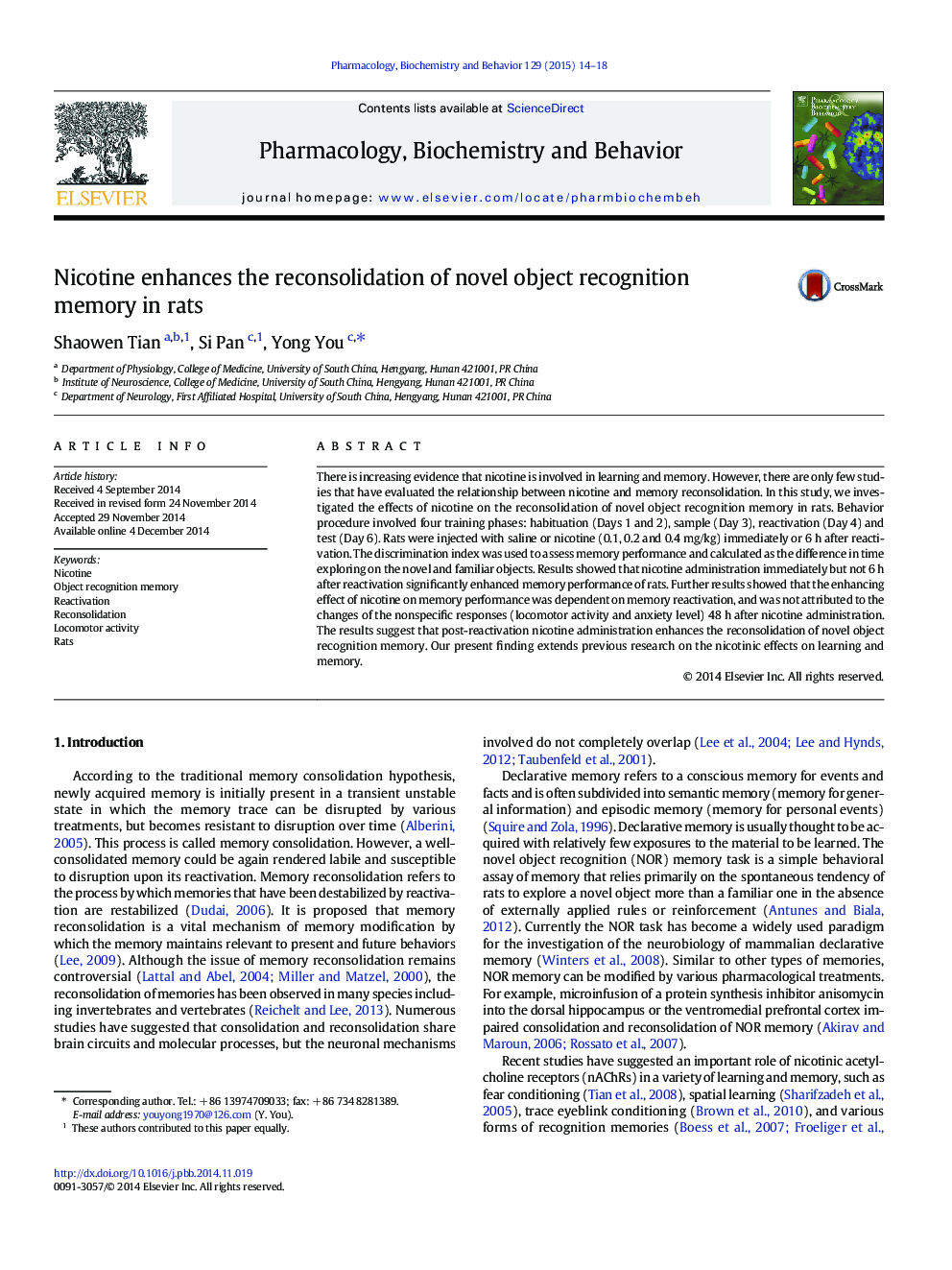 Nicotine enhances the reconsolidation of novel object recognition memory in rats