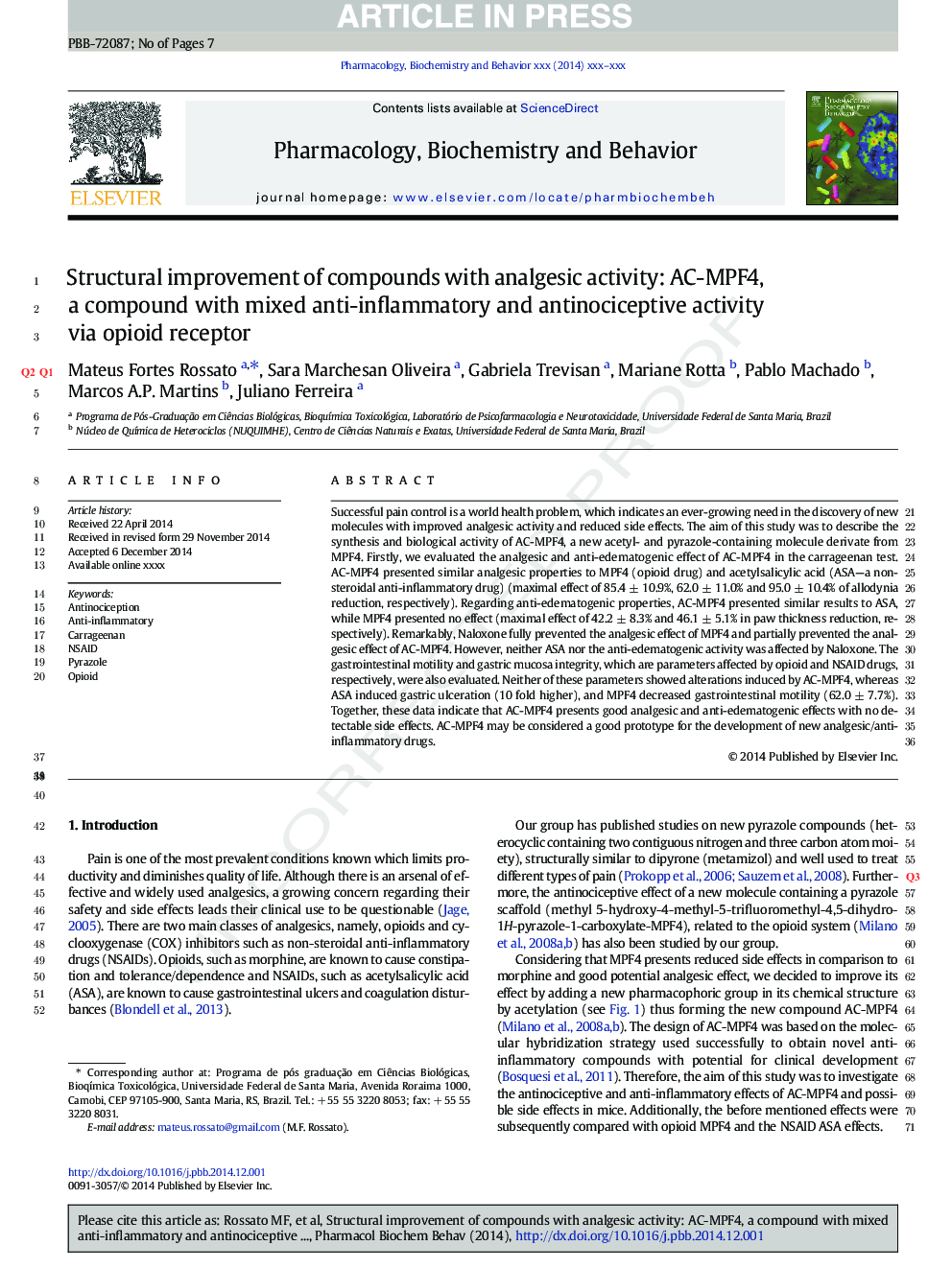 Structural improvement of compounds with analgesic activity: AC-MPF4, a compound with mixed anti-inflammatory and antinociceptive activity via opioid receptor