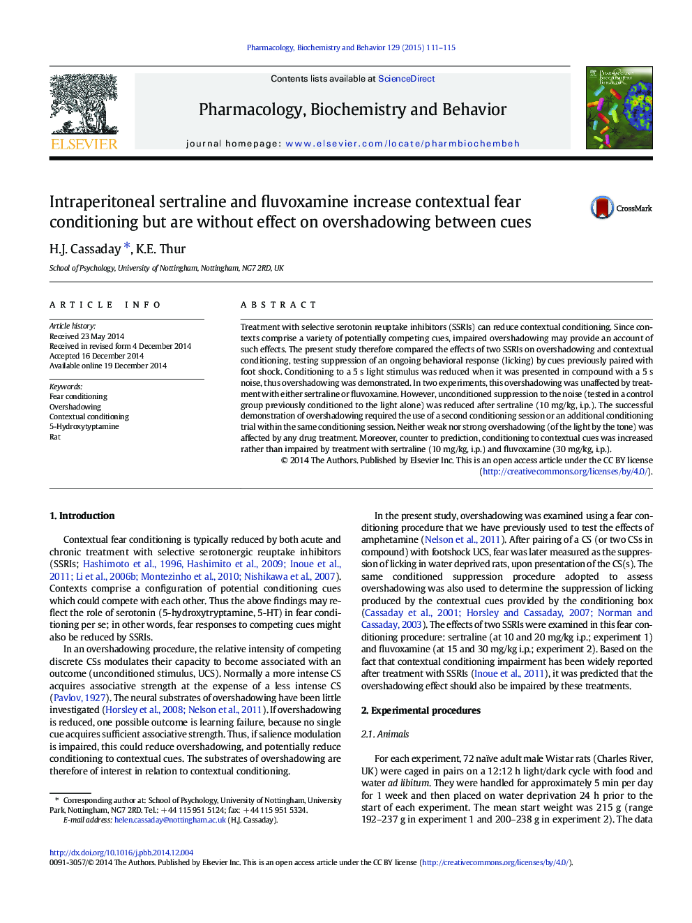 Intraperitoneal sertraline and fluvoxamine increase contextual fear conditioning but are without effect on overshadowing between cues