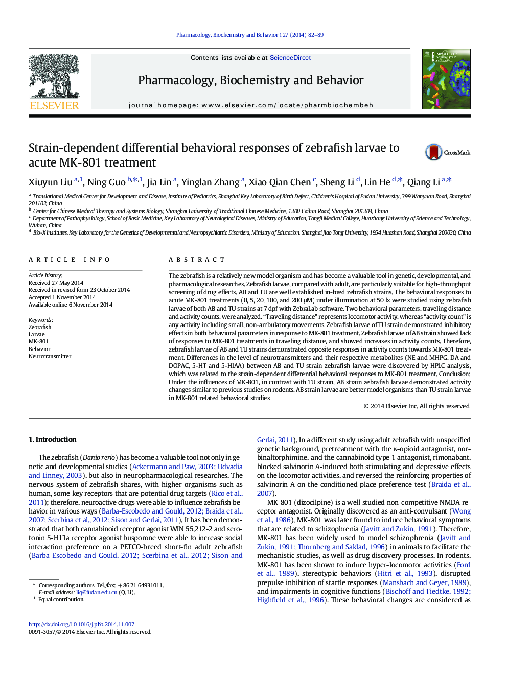 Strain-dependent differential behavioral responses of zebrafish larvae to acute MK-801 treatment