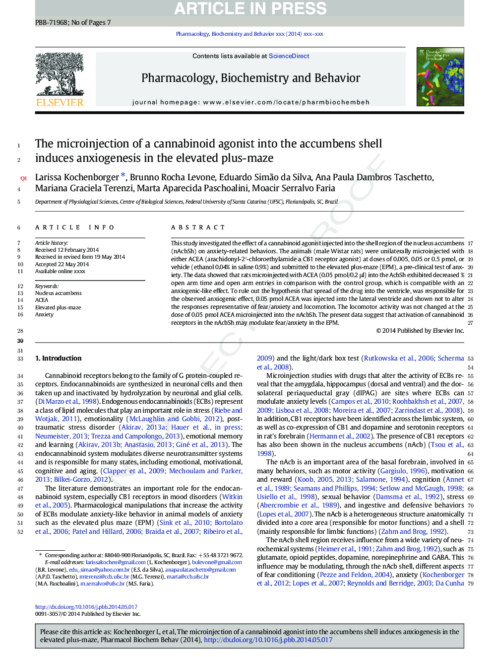 The microinjection of a cannabinoid agonist into the accumbens shell induces anxiogenesis in the elevated plus-maze